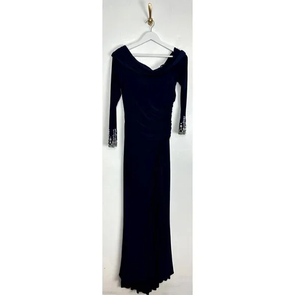 MAC DUGGAL One-Shoulder Long Sleeve Jersey Gown in Midnight Size US 4